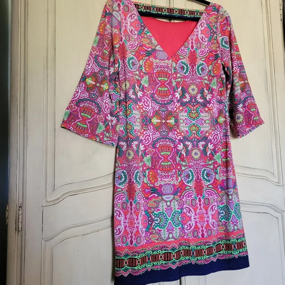 LAUNDRY by SHELLI SEGAL Multi-Color Vibrant Pattern Floral Pull On Dress *sz S*